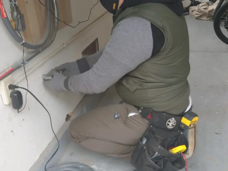 Electrician performing outlet wiring in a Oakdale garage